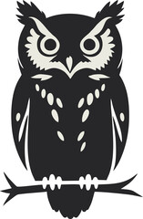 A striking black and white minimalist illustration of an owl perched on a branch.