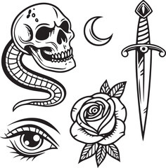 Black and White Traditional Tattoo Style Set with Skull, Snake, Dagger, Rose and Moon Elements