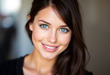 Portrait of pretty woman dark hair, blue eyes. Natural smile. smiling beautiful