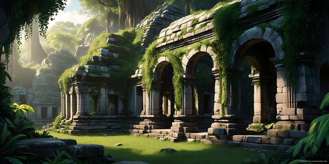 Ancient Ivy-Covered Stone Ruins in Dappled Sunlight with Mystical Ambiance

