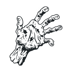 Zombie hand illustration grasping upwards with detailed black and white line art