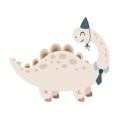 Cute Dinosaur Birthday boy clipart. Adorable cartoon festive character in pastel colors. Vector illustration.