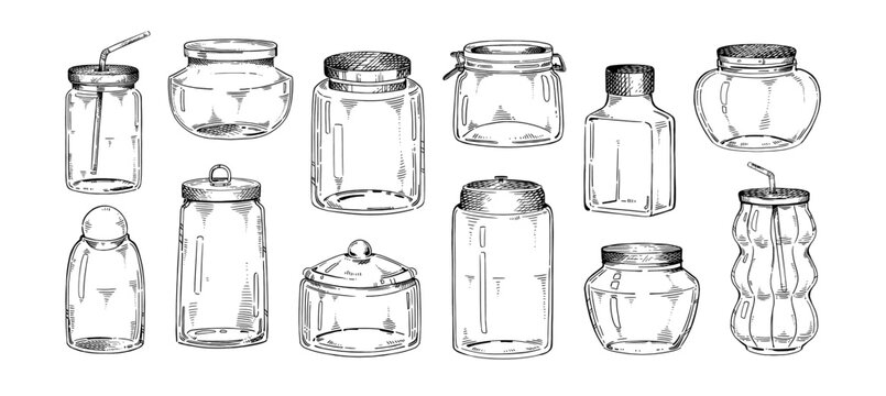 Set different glass jars sketches. Drawing empty bottles, containers for storage drinks, food, products. Masons for storing liquids, jam. Hand drawn isolated vector illustrations on white background
