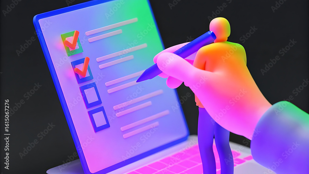 Aufkleber business survey performance report checklist concept businessman online survey filling out check qua