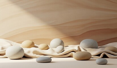 Stunning sand dune backdrop with neutral pebble stones for elegant product showcase or minimalist design concept