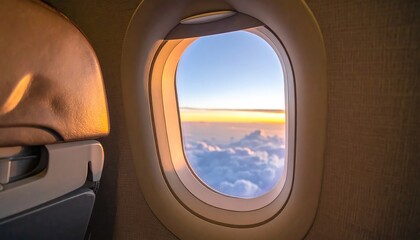 Golden Sunset Cloudscape Viewed from Airplane Window