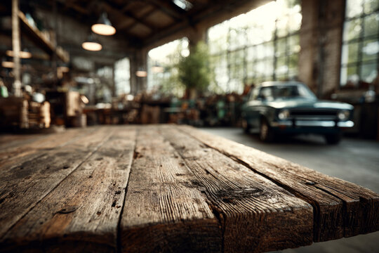 Fototapeta Wooden table in front of vintage car inside rustic garage