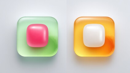 Two square, translucent, colored buttons with rounded corners, one pink, one white