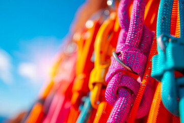 Closeup of numerous climbing equipment fixed on harness of climber mountaineering gear