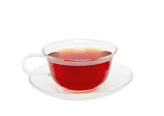 Glass cup of hot aromatic tea on white background