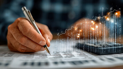Financial analysis with projected data and graphs while writing on document at desk - Generated with AI
