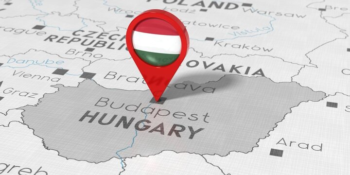 Hungary, Budapest - location pin with national flag on political map - 3D illustration