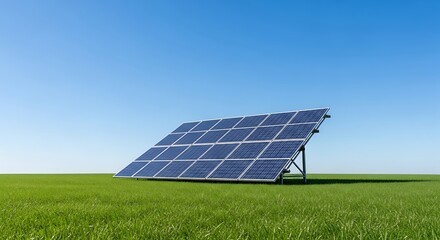 Solar panels on green grass field under clear blue sky for clean renewable energy production
