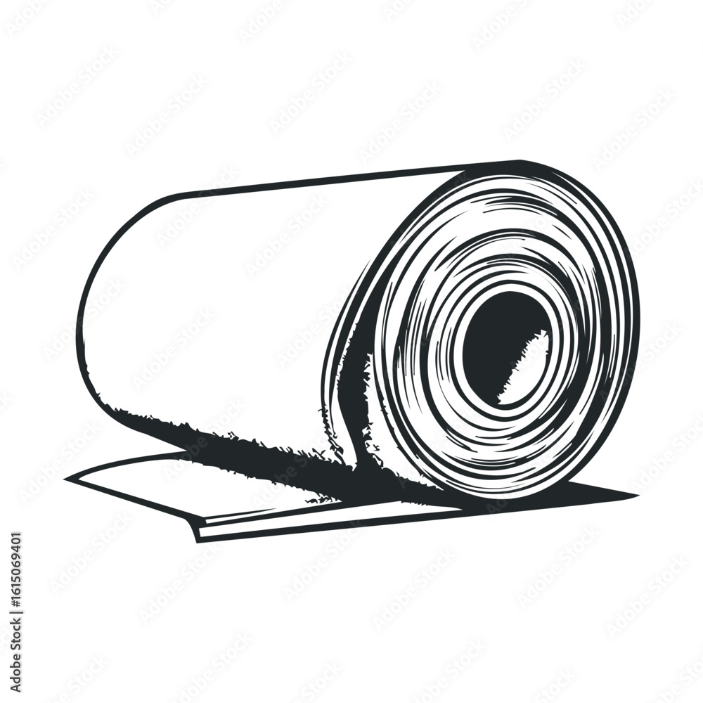 Poster monochrome sketch of a rolled carpet with textured pattern