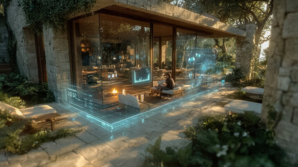 Modern stone house with floating digital panels while person works in warm interior - Generated with AI