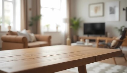Empty wooden table on blur background minimalist cozy living room.