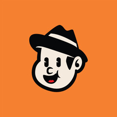 Retro cartoon boy face with surprised expression and black fedora hat. Funny vintage mascot head for logo, sticker, or kids brand. Editable vector EPS file.


