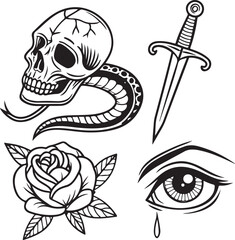 Black and White Traditional Tattoo Style Set with Skull, Snake, Dagger, Rose and Moon Elements
