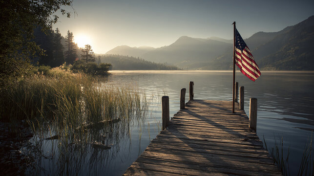 American flag waves on dock at lake, mountains in the distance, reflecting the dawn. Serene waters and sunlight create a peaceful scene.