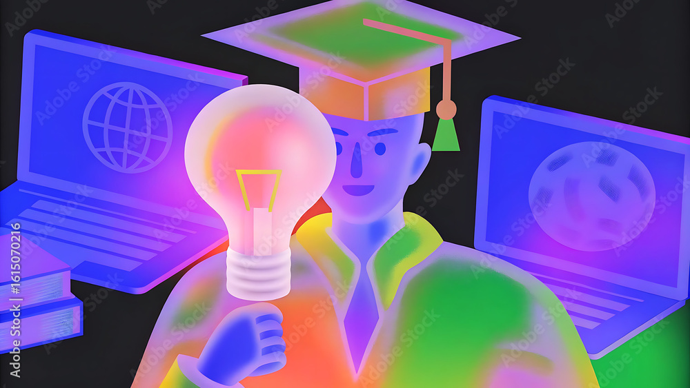 Poster e learning graduate certificate program concept man holding lightbulb showing graduation hat interne