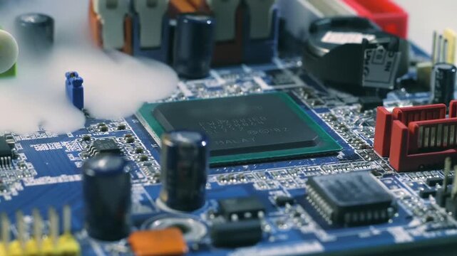 On the printed circuit board with radio components and the central processor, like water, smoke flows in and completely fills it. The motherboard broke because of overheating. Closeup. Macro. Slow mo