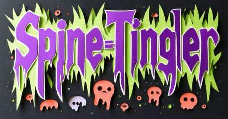 Halloween themed title card. Purple lettering, green foliage, spooky ghosts, mushrooms present. Dark background creates eerie vibe.