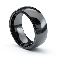 Elegant Black Ring: A close-up studio shot of a sleek, polished black ring, showcasing its modern design and reflective surface. 