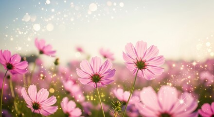Soft focus pink cosmos flowers in a sunlit meadow with bokeh