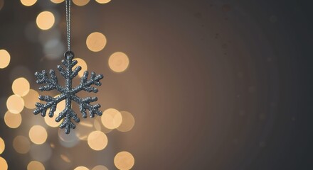 Silver snowflake decoration hanging with blurred warm lights  