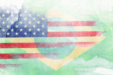 Painting with American flag and Brazilian flag overlapping each other