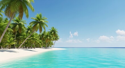 Obraz premium Tropical beach with turquoise water, white sand, and palm trees under blue sky and clouds