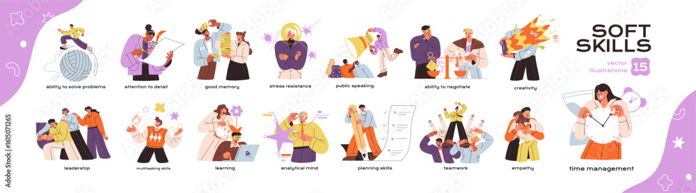 Aufkleber concept set of different soft skills for work. various business abilities of employees for career: c