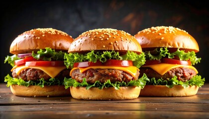 Juicy Cheeseburgers: A Tempting Trio in Rustic Setting