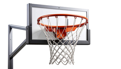 Naklejka premium Realistic basketball hoop with metal rim, net, and backboard, fully isolated on a transparent PNG background — perfect for sports designs, game illustrations. 