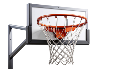 Realistic basketball hoop with metal rim, net, and backboard, fully isolated on a transparent PNG background — perfect for sports designs, game illustrations.
