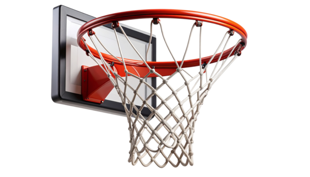 Realistic basketball hoop with metal rim, net, and backboard, fully isolated on a transparent PNG background — perfect for sports designs, game illustrations, or athletic promotional content.
