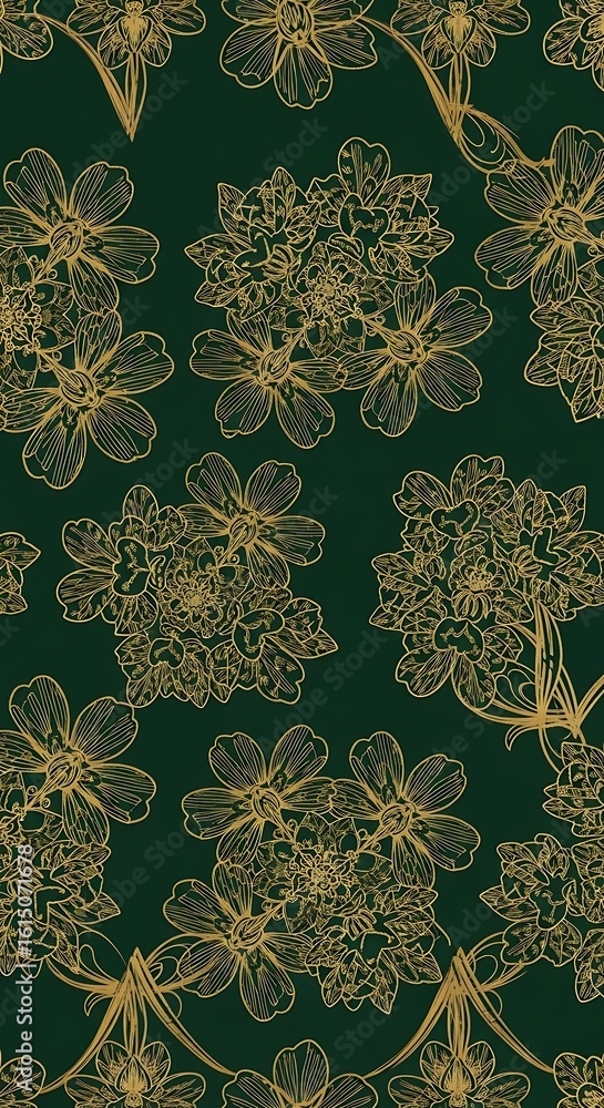 Poster elegant floral pattern with golden outlines on a deep green background creating a luxurious and