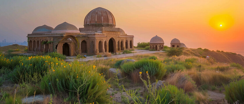 Sunset over ancient ruins with flowering plants, useful for travel and history articles. - Powered by Adobe