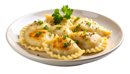 Traditional pierogi with golden, slightly crisped dough edges and soft texture, realistically rendered and fully isolated on a solid white PNG background.