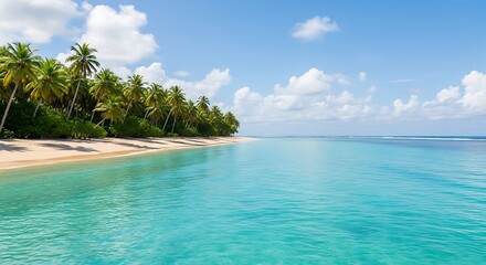 Fototapeta premium Tropical beach with turquoise water, white sand, and palm trees under blue sky and clouds