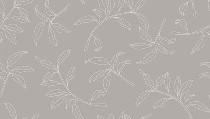 Floral Seamless Pattern Line Art Minimalist Style. Leaves Branch Seamless Background. Hand Drawn Floral Motif Batik Design. Linear Leaf Background Template. Vector illustration. © Наталья Дьячкова