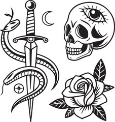 Black and White Traditional Tattoo Style Set with Skull, Snake, Dagger, Rose and Moon Elements