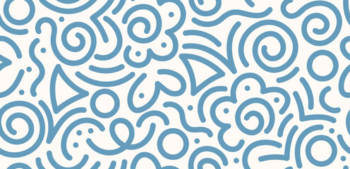 Memphis Hand Drawn Seamless Pattern. Geometric Retro Print Design. Memphis style Background with Hand Drawn Linear Shapes. Abstract Seamless Texture for Fabric, Textile, Print.