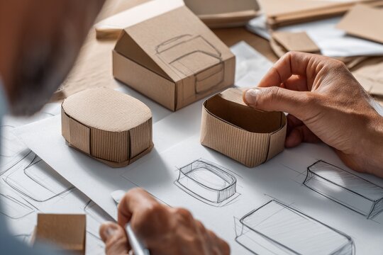 Designer working on cardboard packaging prototypes
