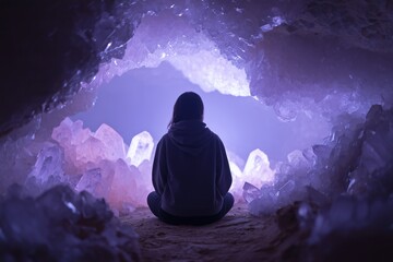 A person meditates in a magical cave of glowing crystals, recharging their energy. This image symbolizes finding a sanctuary and restoring inner peace. Ideal for spiritual, meditation