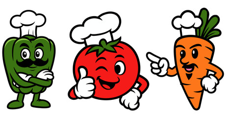 Green bell pepper with mustache, winking tomato, and goateed carrot in chef hats