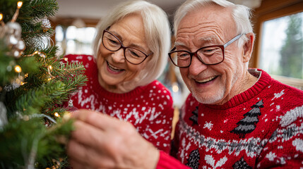 Senior couple decorating Christmas tree at home. They are looking at each other and smiling.