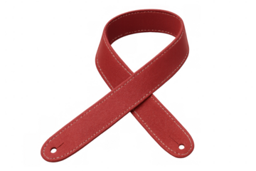 Red leather guitar strap curving elegantly, highlighting rich crimson hue, complementing musical instrument with professional aesthetic