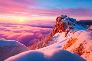 Fototapeten Mountain peak Izil rising above cloud carpet in morning light at Taganay National Park © 3D Graphic Accets