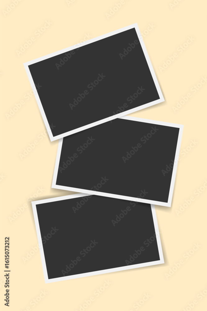 Poster vector vertical template with three overlapping photo frames. realistic photo collage background. bl